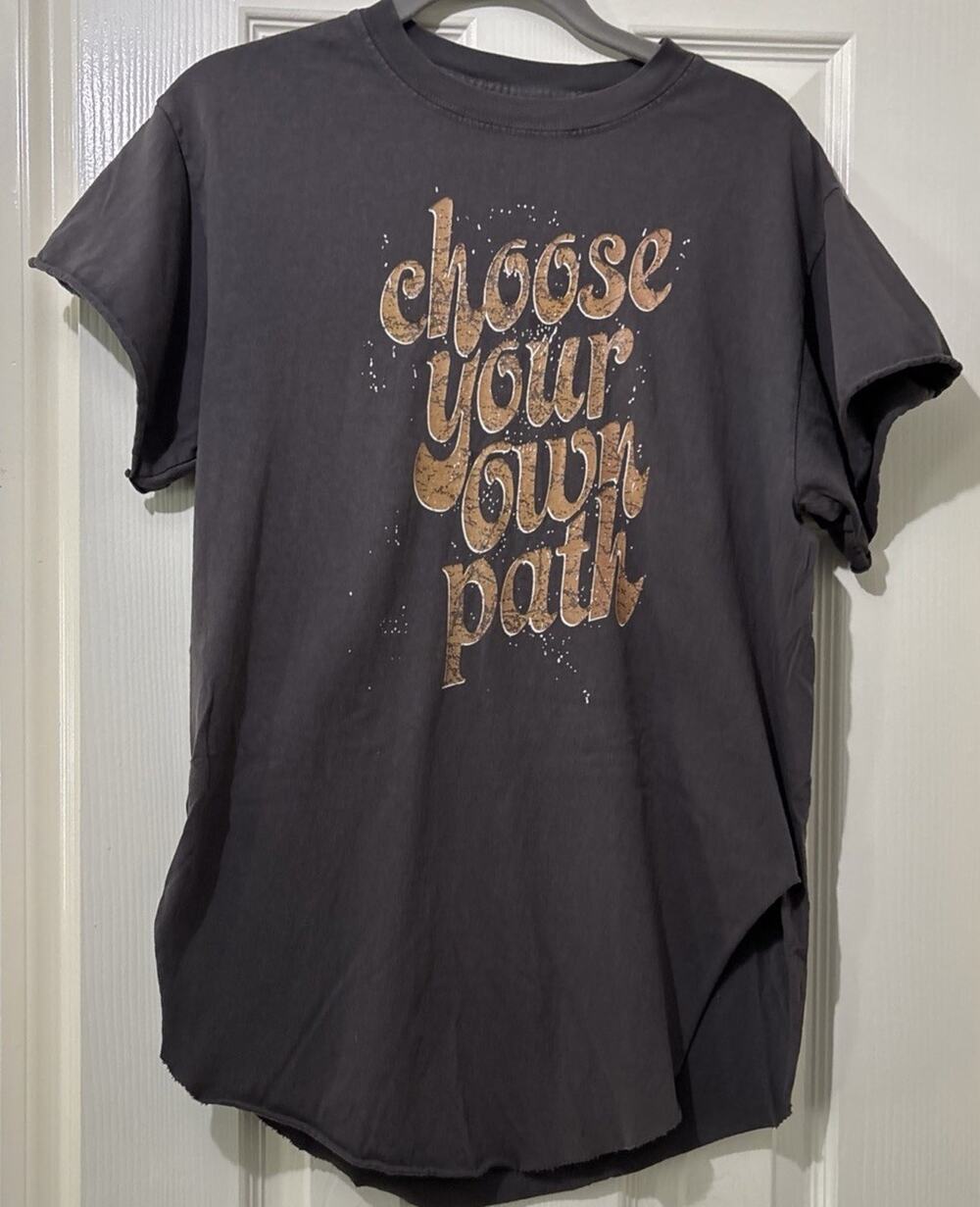 Pebby Forevee Choose Your Own Path Graphic Tee Distressed Raw Hem Gray Size L?